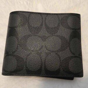 COACH F74993 Men's Signature Compact ID Wallet Coated Canvas Charcoal/Black